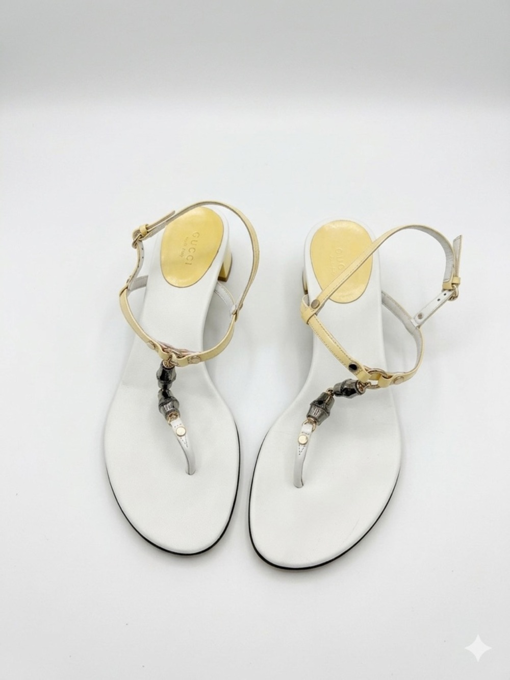 Vintage Gucci White Leather T-Strap Sandals with Gold Accents